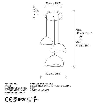 Brilagi - Pendellampe på kabel LORA 3xE27/40W/230V Ø 82 cm hvid