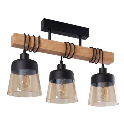 Brilagi - Loftmonteret lysekrone WOOD GLASS 3xE27/60W/230V fyr/sort/røgbrun