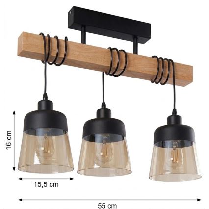 Brilagi - Loftmonteret lysekrone WOOD GLASS 3xE27/60W/230V fyr/sort/røgbrun