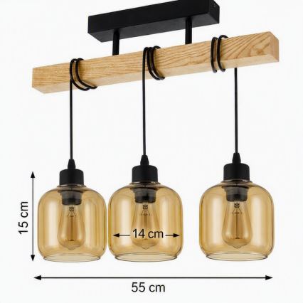 Brilagi - Overflademonteret loftlampe WOOD GLASS 3xE27/60W/230V fyrretræ/sort/røgbrun
