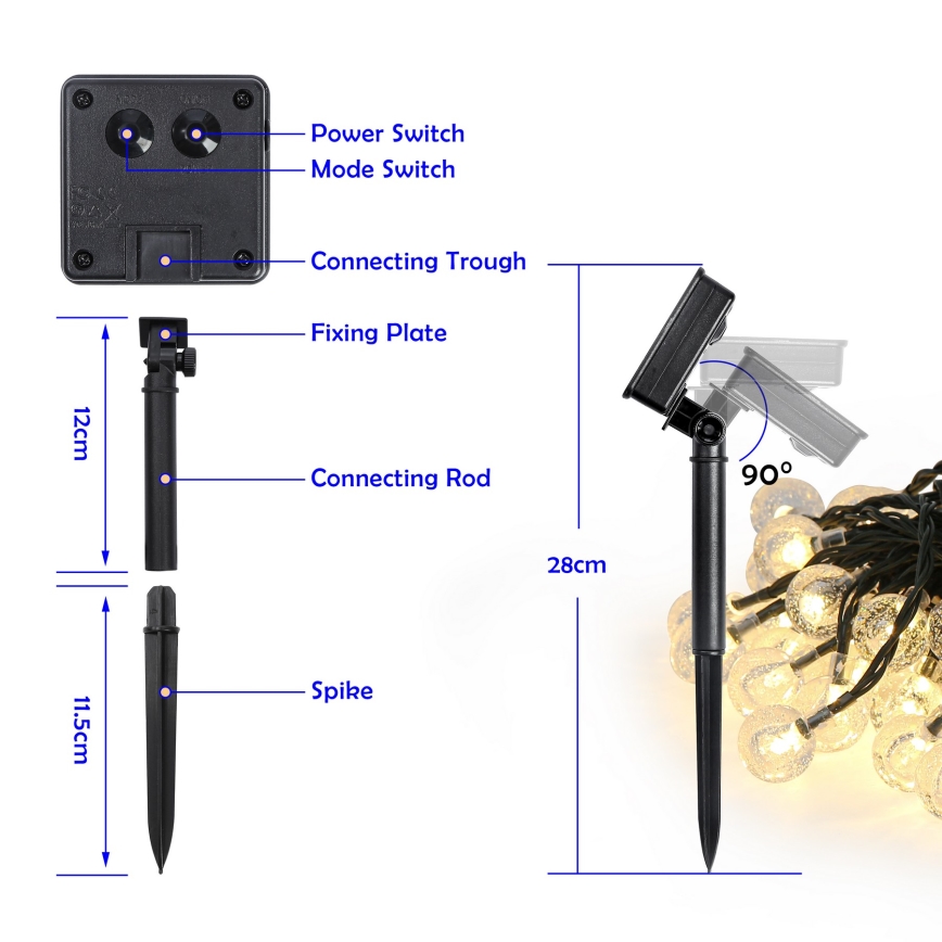 Brilagi - Soldrevet LED lyskæde BUBBLE 300xLED/8 funktioner 30 m IP65 varm hvid 1200 mAh