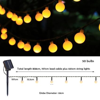 Brilagi - Soldrevet LED lyskæde BUBBLE 50xLED/8 funktioner 7 m IP65 varm hvid 600 mAh