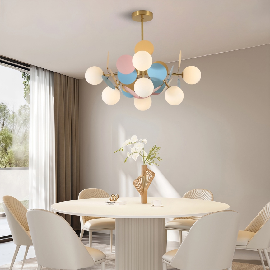 Brilagi - Stangpendel BALMO 8xG9/9W/230V Ø 60 cm guld/blå/lyserød