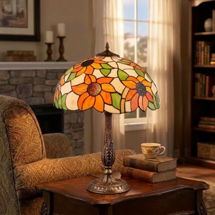 Brilagi - Tiffany bordlampe i farvet glas SUNFLOWER 2xE27/60W/230V