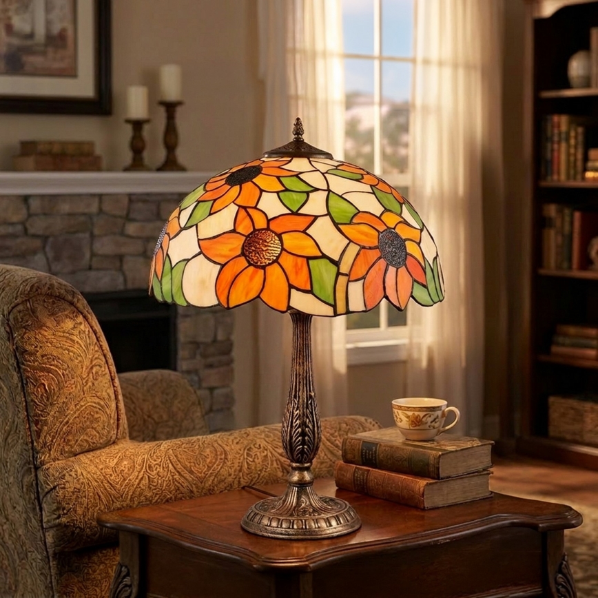 Brilagi - Tiffany bordlampe i farvet glas SUNFLOWER 2xE27/60W/230V