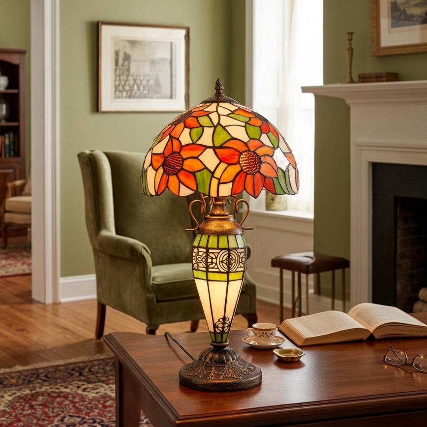 Brilagi - Tiffany-bordlampe SUNFLOWER med farvet glas, 1xE27/60W/230V + 1xE14/40W