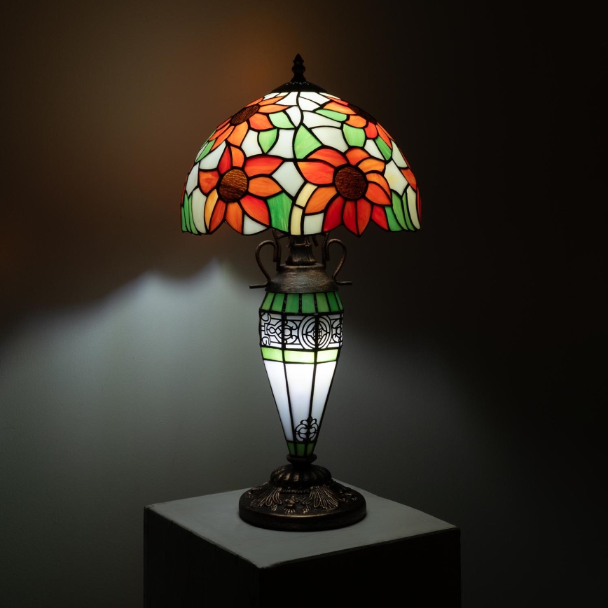 Brilagi - Tiffany-bordlampe SUNFLOWER med farvet glas, 1xE27/60W/230V + 1xE14/40W