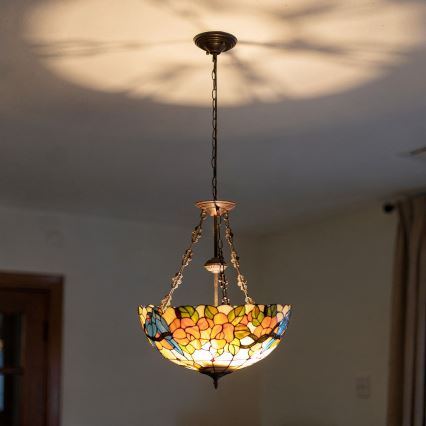 Brilagi - Tiffany-glaslysekrone med kædeophæng JUNGLE 3xE27/60W/230V Ø 50 cm