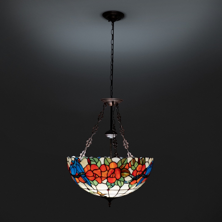 Brilagi - Tiffany-glaslysekrone med kædeophæng JUNGLE 3xE27/60W/230V Ø 50 cm