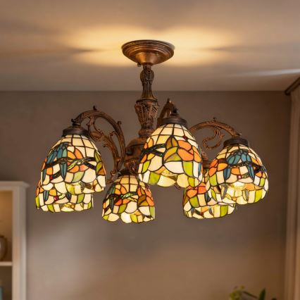 Brilagi - Tiffany-glasmosaik fladmonteret loftlampe JUNGLE 6xE27/60W/230V Ø 60 cm
