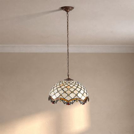 Brilagi - Tiffany glasmosaik-lysekrone med kædeophæng elfenben 1xE27/60W/230V Ø 40 cm