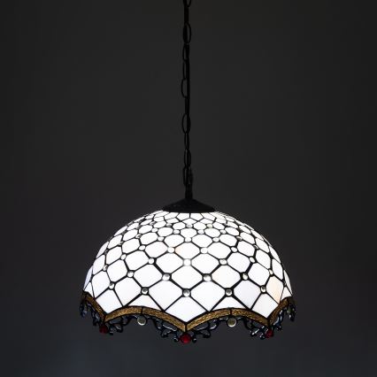 Brilagi - Tiffany glasmosaik-lysekrone med kædeophæng elfenben 1xE27/60W/230V Ø 40 cm