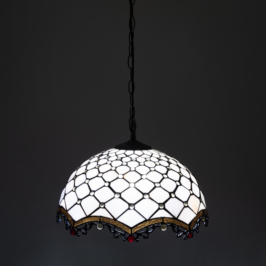 Brilagi - Tiffany glasmosaik-lysekrone med kædeophæng elfenben 1xE27/60W/230V Ø 40 cm