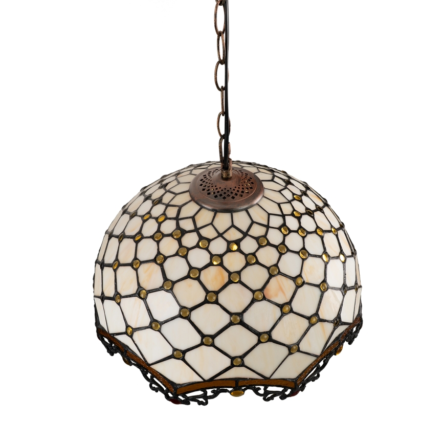 Brilagi - Tiffany glasmosaik-lysekrone med kædeophæng elfenben 1xE27/60W/230V Ø 40 cm