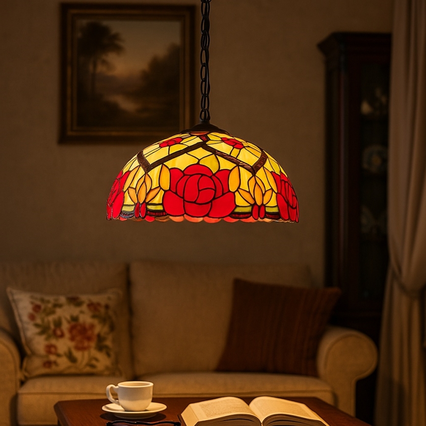 Brilagi - Tiffany-glasmosaik lysekrone på kæde GARLAN 2xE27/60W/230V