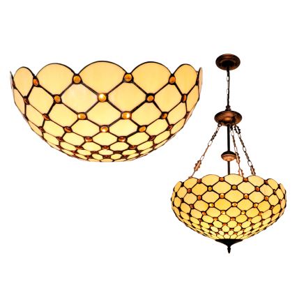 BRILAGI - Tiffany glasmosaiklysekrone på kæde IVORY SMOOTH 3xE27/60W/230V Ø 50 cm