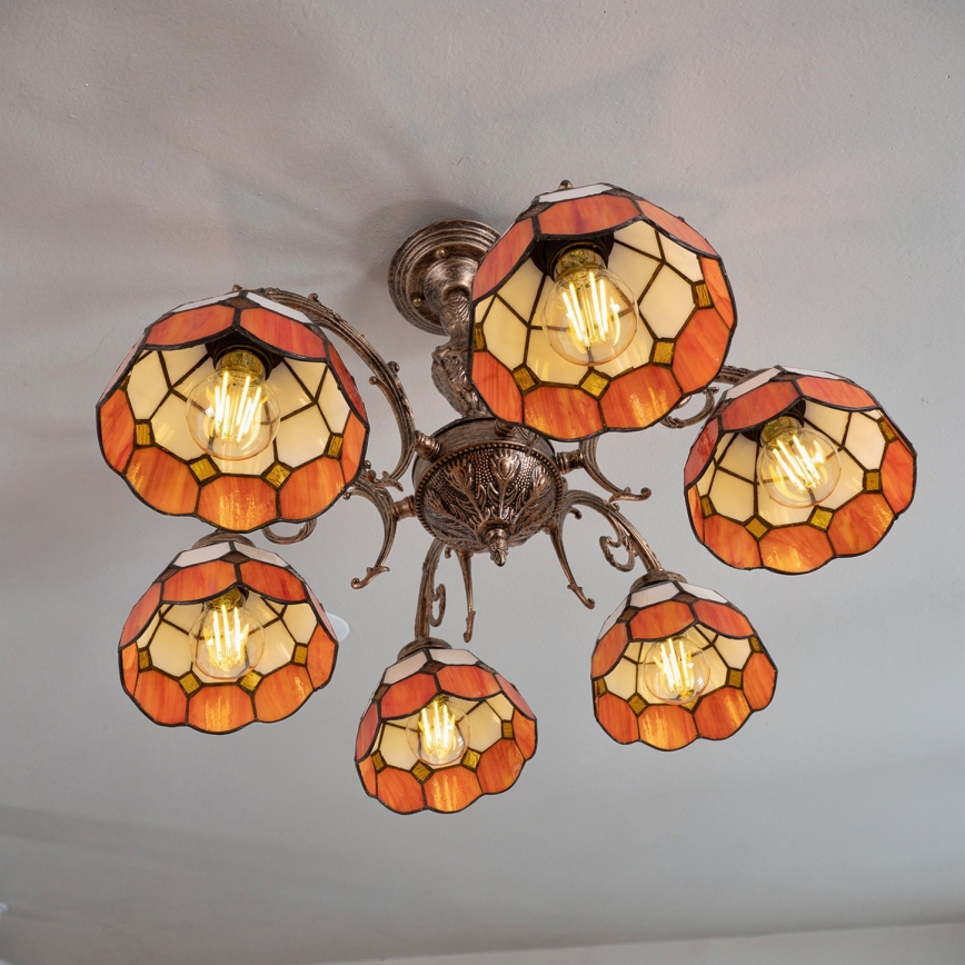 Brilagi - Tiffany-glasmosaik tætmonteret lysekrone SIENNA 6xE27/60W/230V Ø 60 cm