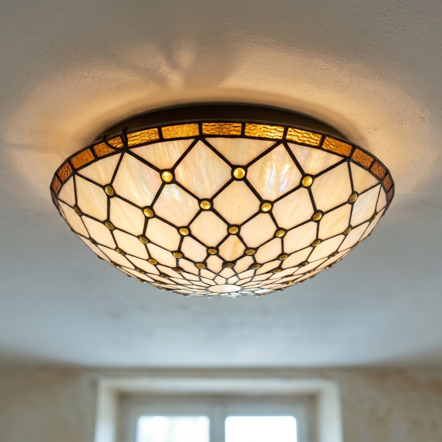 Brilagi - Tiffany loftlampe i farvet glas IVORY 2xE27/60W/230V Ø 40 cm