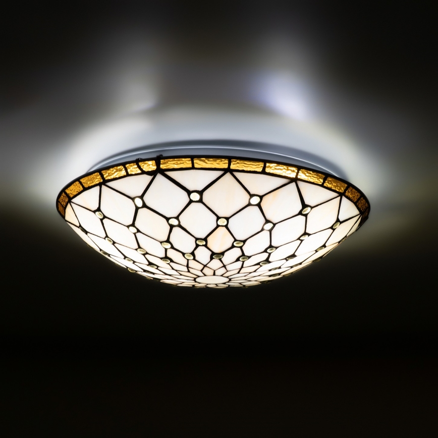 Brilagi - Tiffany loftlampe i farvet glas IVORY 2xE27/60W/230V Ø 40 cm