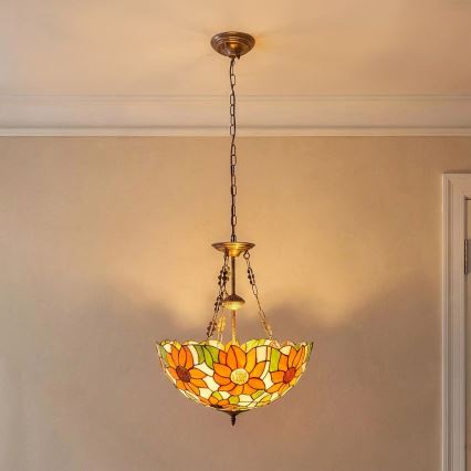 Brilagi - Tiffany-lysekrone i glasmosaik med kædeophæng SUNFLOWER 3xE27/60W/230V Ø 50 cm