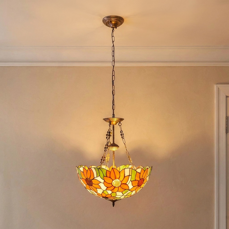 Brilagi - Tiffany-lysekrone i glasmosaik med kædeophæng SUNFLOWER 3xE27/60W/230V Ø 50 cm