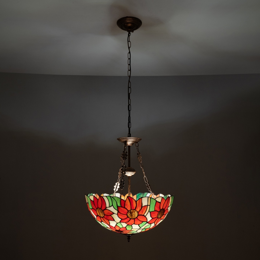 Brilagi - Tiffany-lysekrone i glasmosaik med kædeophæng SUNFLOWER 3xE27/60W/230V Ø 50 cm