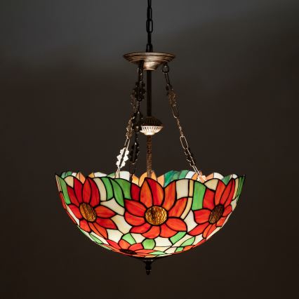 Brilagi - Tiffany-lysekrone i glasmosaik med kædeophæng SUNFLOWER 3xE27/60W/230V Ø 50 cm