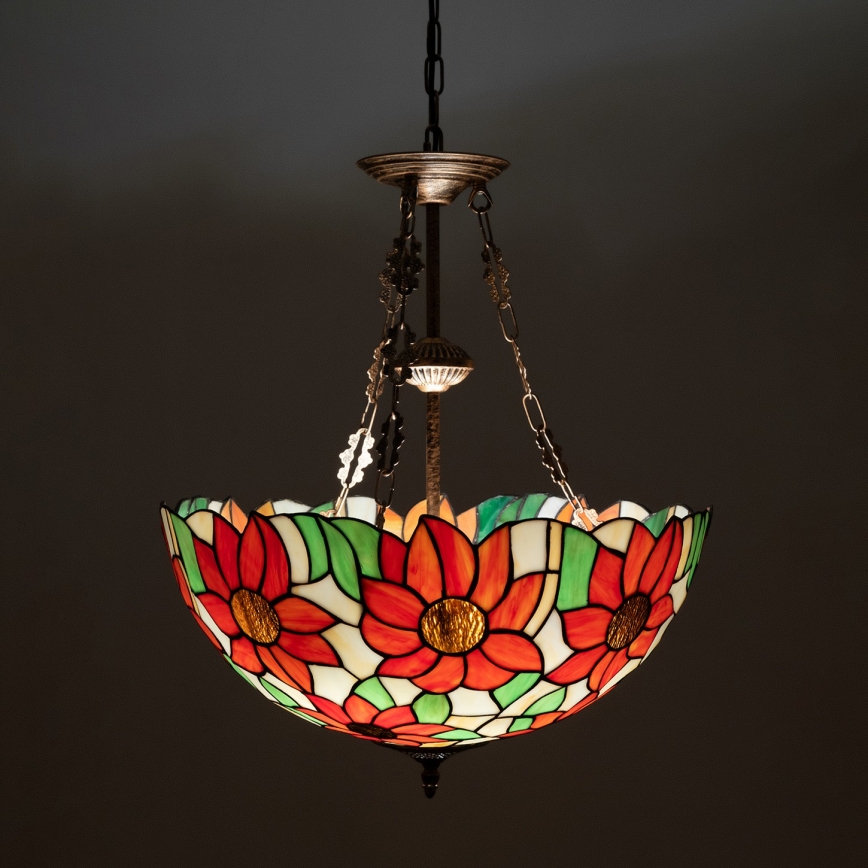Brilagi - Tiffany-lysekrone i glasmosaik med kædeophæng SUNFLOWER 3xE27/60W/230V Ø 50 cm