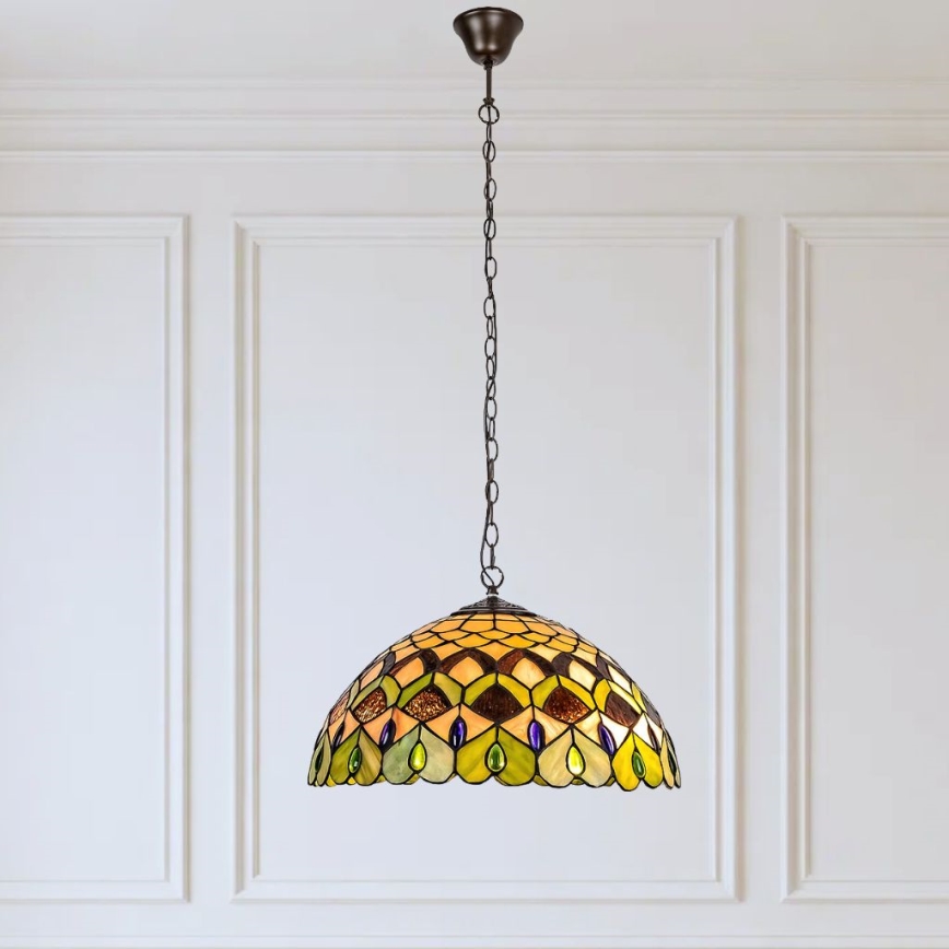 Brilagi - Tiffany-stil lysekrone i farvet glas på kæde MARGARET 2xE27/60W/230V
