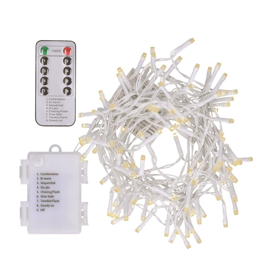 Brilagi - Udendørs LED julekæde 120xLED/8 funktioner/3xAA 9,5m hvid IP44 varm hvid + fjernbetjening
