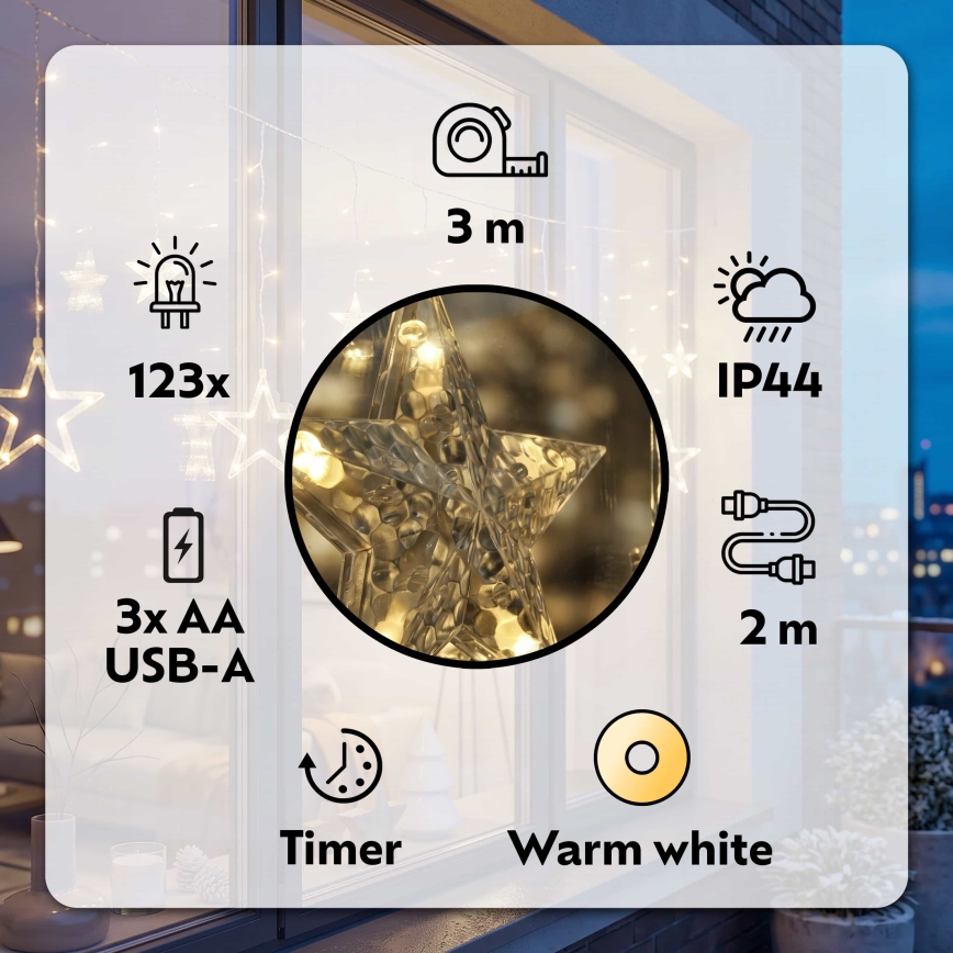 BRILAGI - Udendørs LED lysgardin 123xLED/3xAA/USB 3 m IP44 varmt hvidt lys