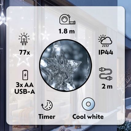 BRILAGI - Udendørs LED lysgardin 77xLED/3xAA/USB 1,8 m IP44 koldt hvidt lys