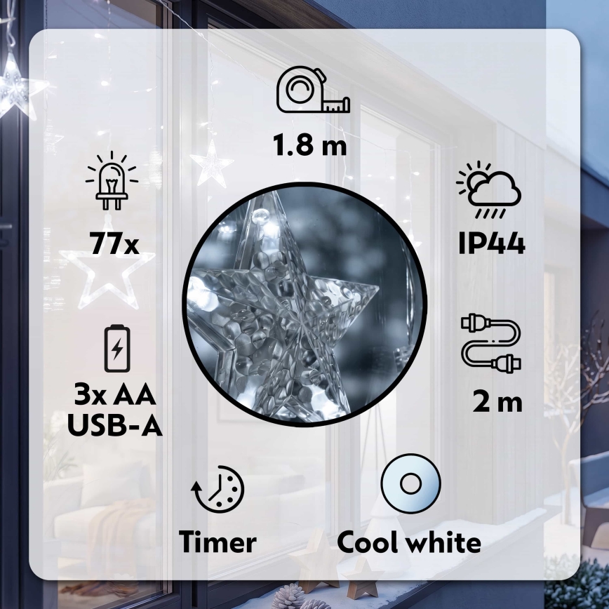 BRILAGI - Udendørs LED lysgardin 77xLED/3xAA/USB 1,8 m IP44 koldt hvidt lys