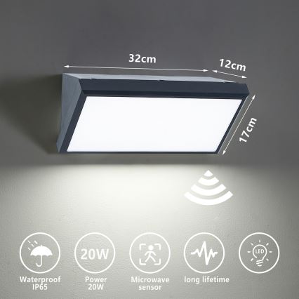 Brilagi - Udendørs LED væglampe med sensor TRIANGLE LED/20W/230V IP65 antracitgrå