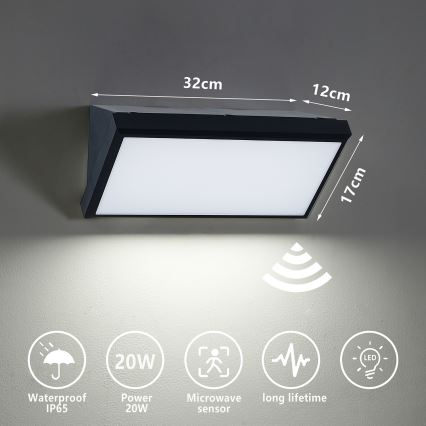 Brilagi - Udendørs LED væglampe med sensor TRIANGLE LED/20W/230V IP65 sort