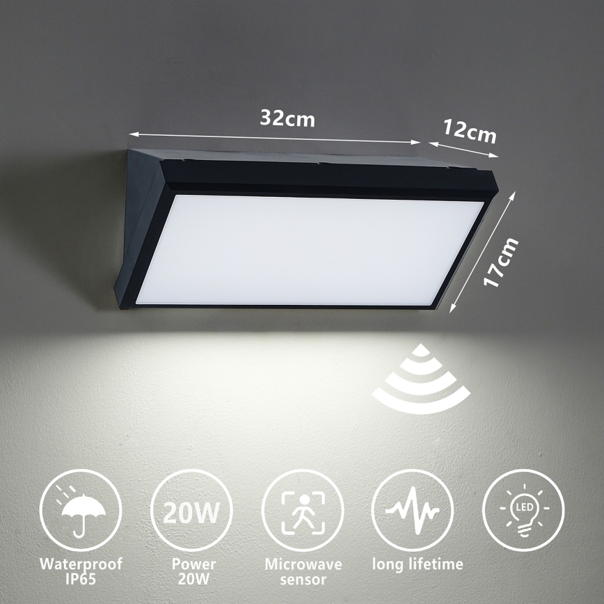 Brilagi - Udendørs LED væglampe med sensor TRIANGLE LED/20W/230V IP65 sort
