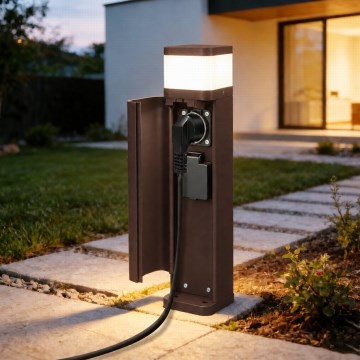 BRILAGI - Udendørslampe med 2 SCHUKO PILLAR-stik 1xG9/11W/230V IP44 brun