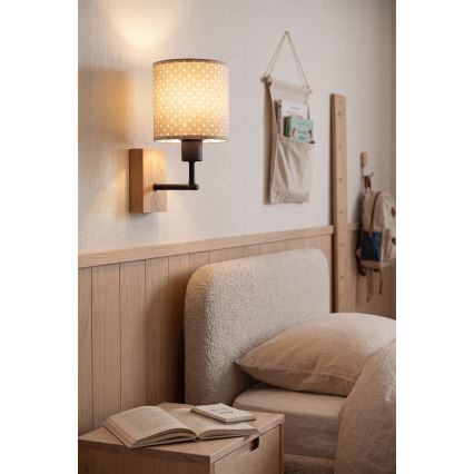 Brilagi - Børnevæglampe BOBO WOOD 1xE27/25W/230V eg/sort/beige/prikker
