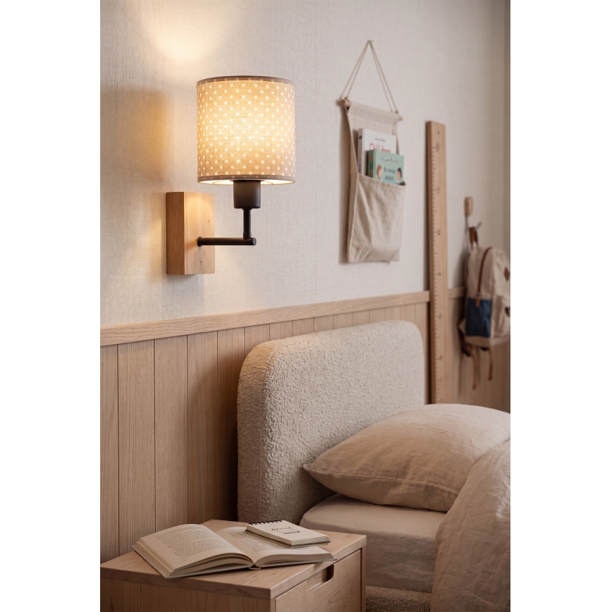 Brilagi - Børnevæglampe BOBO WOOD 1xE27/25W/230V eg/sort/beige/prikker