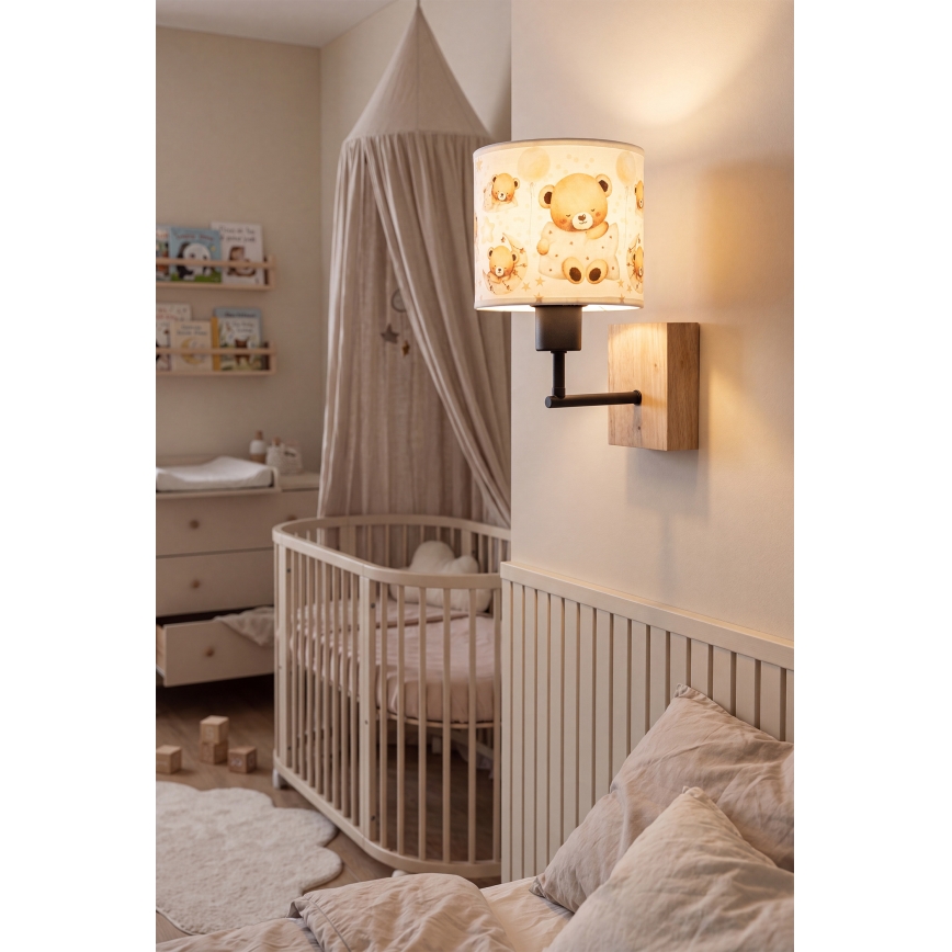 Brilagi - Børnevæglampe BOBO WOOD 1xE27/25W/230V eg/sort/hvid/bamser