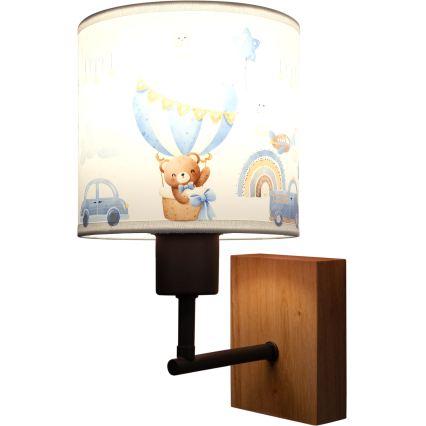 Brilagi - Børnevæglampe BOBO WOOD 1xE27/25W/230V eg/sort/hvid/blå/bamser