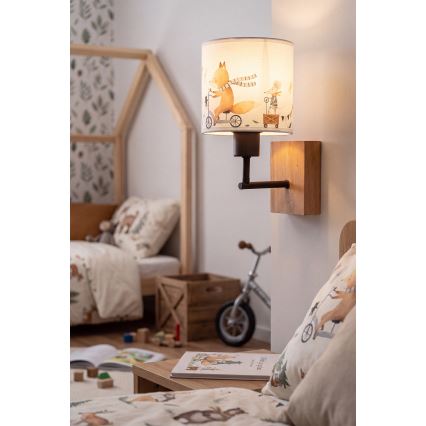 Brilagi - Børnevæglampe BOBO WOOD 1xE27/25W/230V eg/sort/hvid/dyremotiv