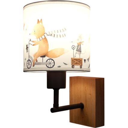 Brilagi - Børnevæglampe BOBO WOOD 1xE27/25W/230V eg/sort/hvid/dyremotiv