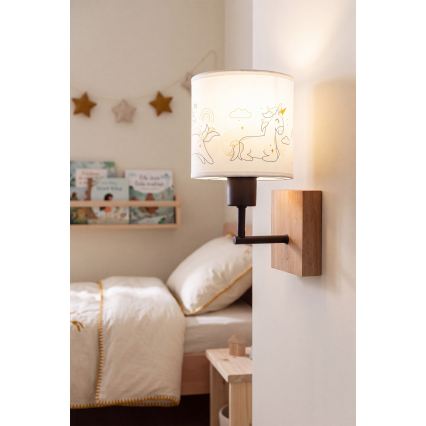 Brilagi - Børnevæglampe BOBO WOOD 1xE27/25W/230V eg/sort/hvid/enhjørninger