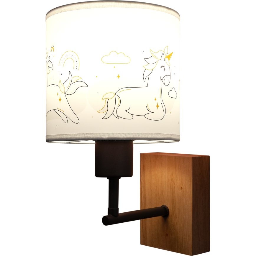 Brilagi - Børnevæglampe BOBO WOOD 1xE27/25W/230V eg/sort/hvid/enhjørninger