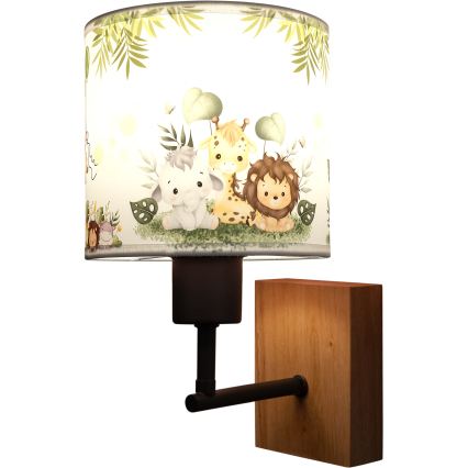 Brilagi - Børnevæglampe BOBO WOOD 1xE27/25W/230V eg/sort/hvid/grøn/jungle