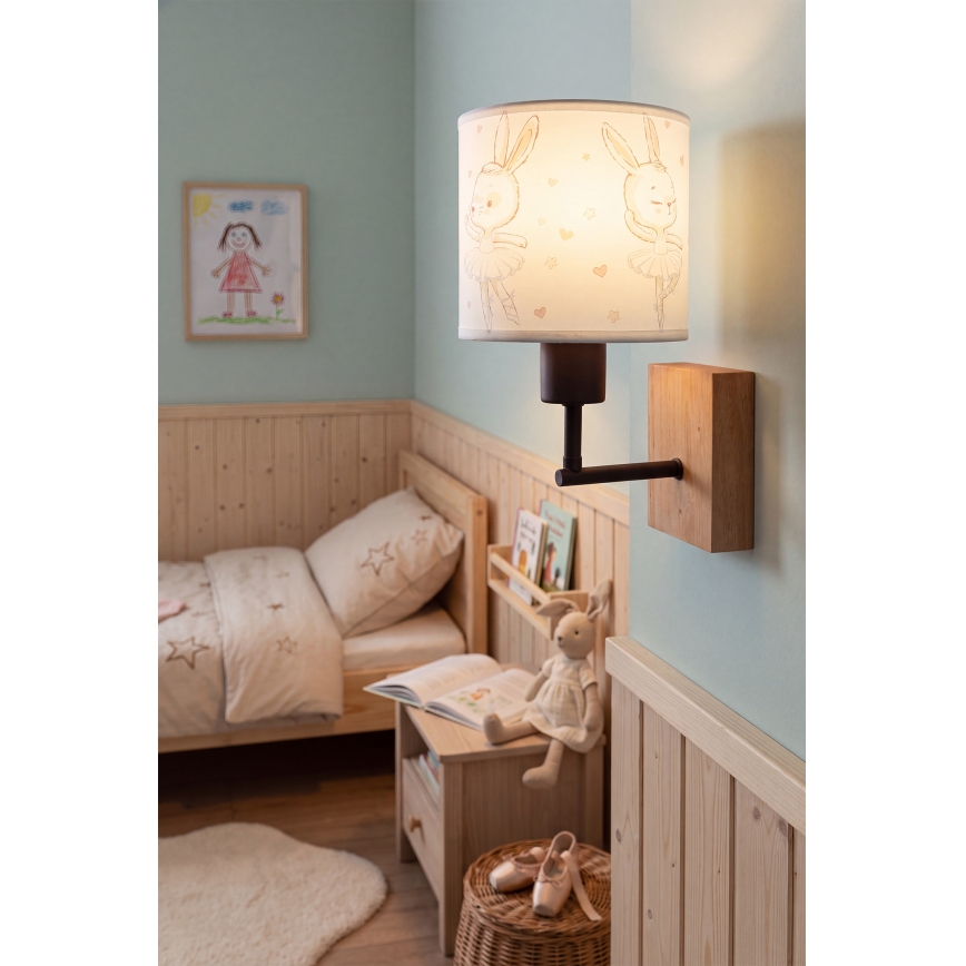 Brilagi - Børnevæglampe BOBO WOOD 1xE27/25W/230V eg/sort/hvid/kaniner