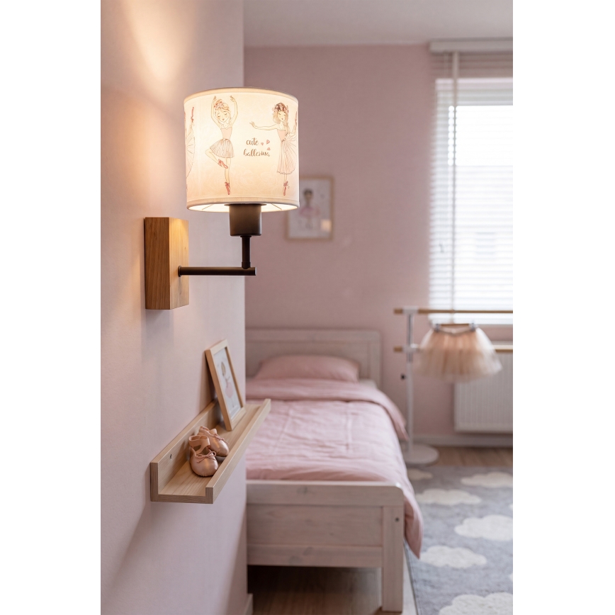 Brilagi - Børnevæglampe BOBO WOOD 1xE27/25W/230V eg/sort/hvid/rosa/ballerinaer