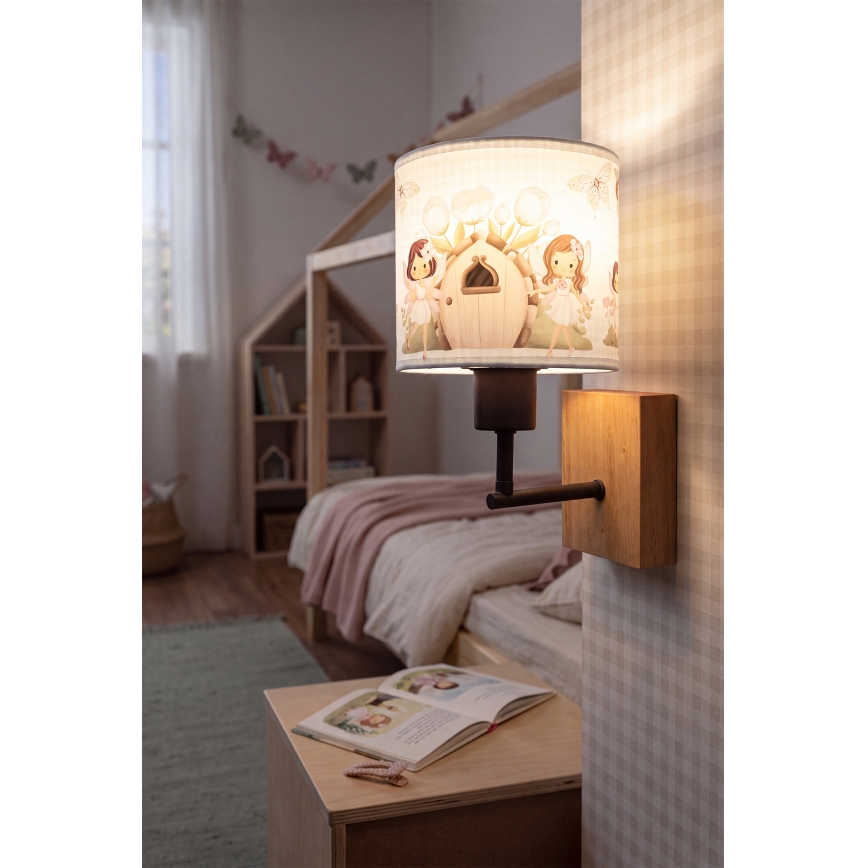 Brilagi - Børnevæglampe BOBO WOOD 1xE27/25W/230V eg/sort/hvid/lyserød/feer