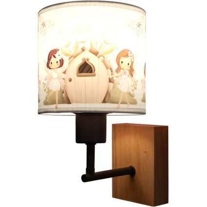 Brilagi - Børnevæglampe BOBO WOOD 1xE27/25W/230V eg/sort/hvid/lyserød/feer